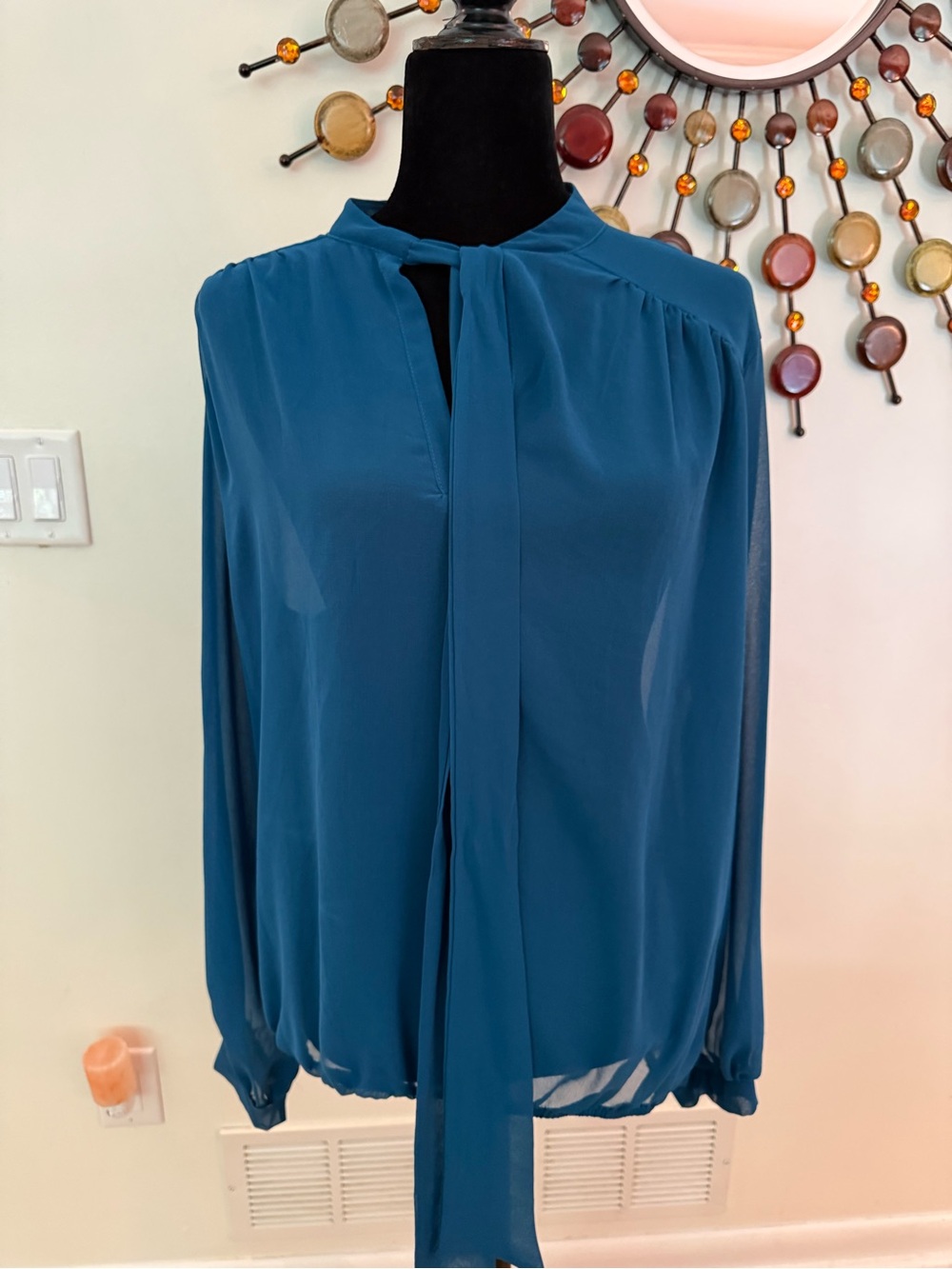 New York & Company Teal Tie-Neck Blouse - Long Sleeve